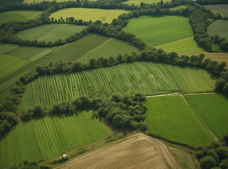 Aerial view of a lush agricultural landscape with fields and patches of forest.
