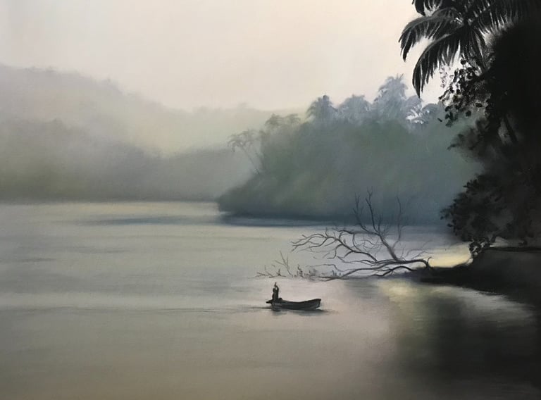 Soft pastel fine art landscape painting of a misty river with a lone boat beneath palm trees.