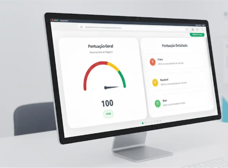 Monitor de computador exibindo relatório de desempenho e pontuação de otimização do Google Meu Negócio pela Edi Marketing