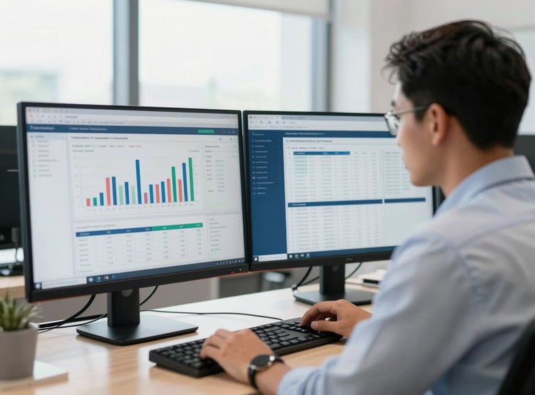 Professional operations manager viewing a clean financial dashboard on a dual-monitor setup in a bright Douala office, natural daylight, 35mm lens