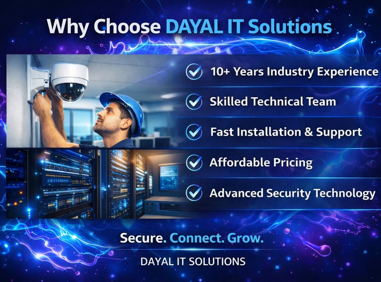 Professional technician installing a CCTV security camera and server room equipment by Dayal IT Solutions.