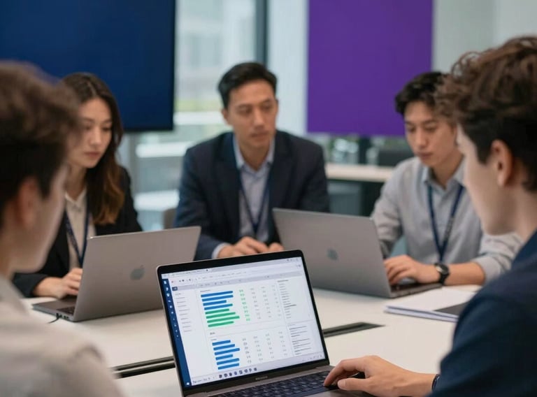 A group of professional software engineers collaborating in a bright, modern glass-walled conference room in a North American / International tech hub. Soft natural light illuminates a high-end laptop displaying a clean analytics dashboard, while elegant dark blue and deep purple design accents are visible in the background.
