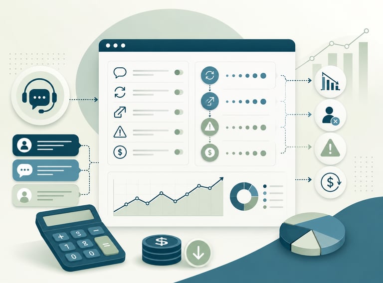 Business dashboard with data analytics, financial charts, a calculator, and customer support icons.