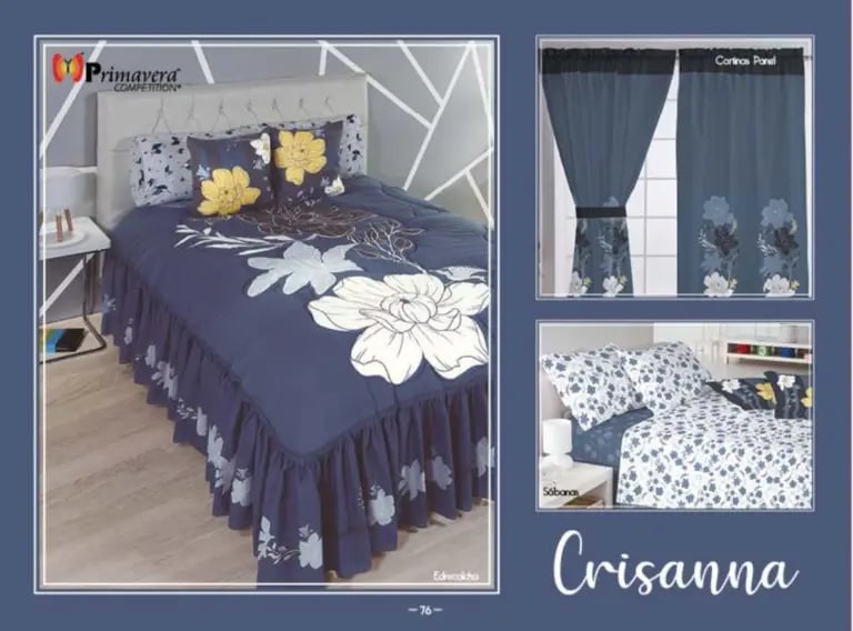 Edrecolcha azul modelo Crissana de la marca Colchas Primavera con su conjunto de cortinas y sabana.
