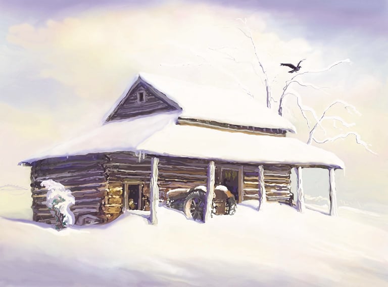 Snow on barn, tractor under barn