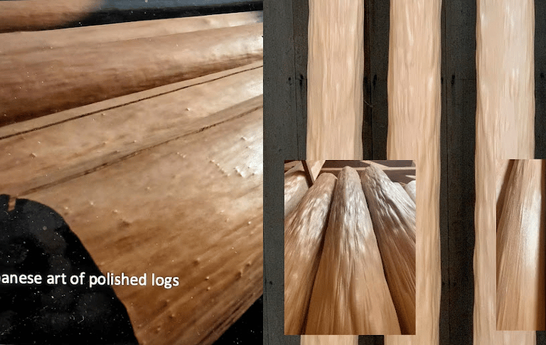 Polished Kitayama logs showcasing the smooth texture and natural sheen of traditional Japanese woodworking.