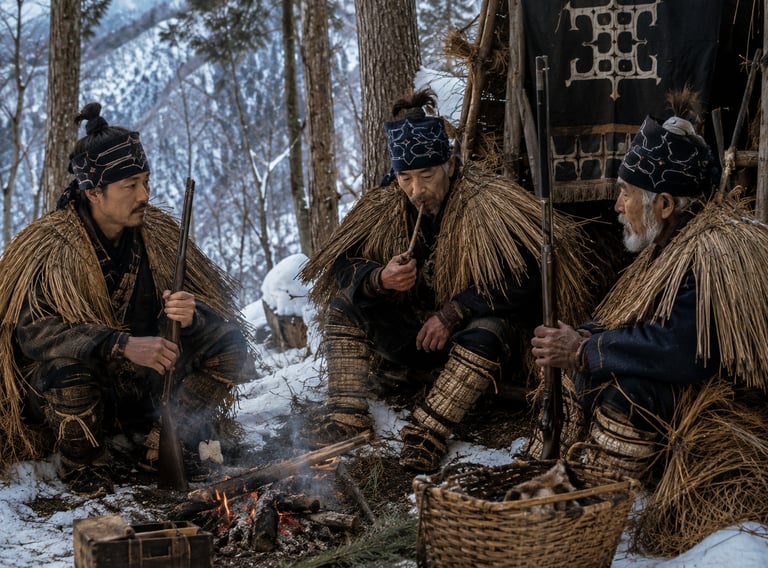 Ainu hunters in traditional straw capes resting by a campfire in a snowy winter forest with rifles.