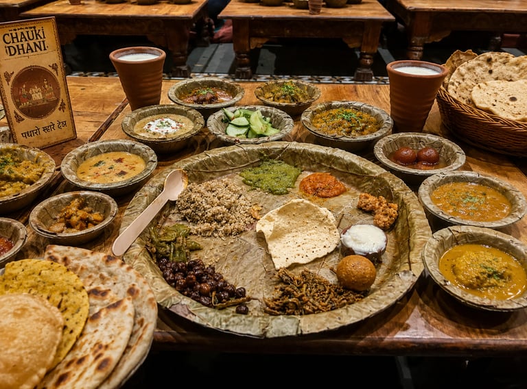 Traditional Rajasthani thali meal at Chokhi Dhani featuring diverse curries, roti, and buttermilk.