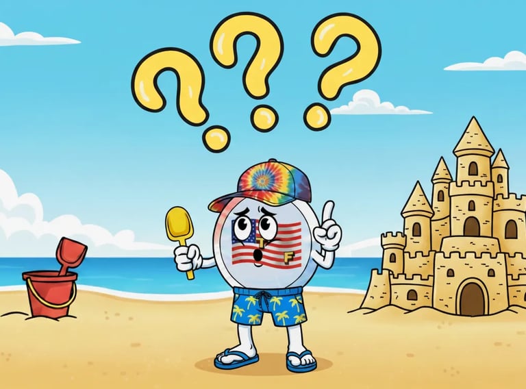 Confused American Travel Fun mascot on a beach next to a sandcastle, with large yellow question marks above its head.