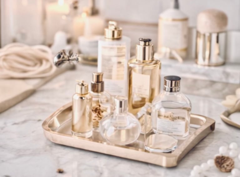 Morning routineMinimalist vanity with skincare bottles →Parisian-inspired curated vanity with luxury