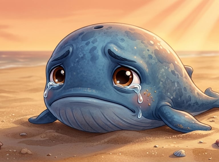 A cute cartoon baby whale crying on a sandy beach at sunset with ocean waves in the background.