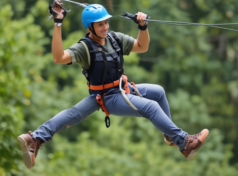 A group enjoying a guided hike through lush tropical forest with waterfalls in the background.