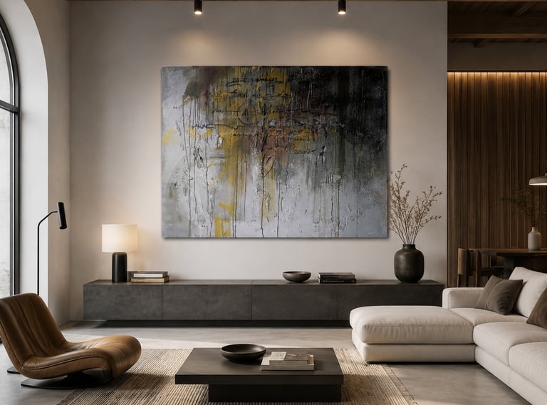 KENDE calligraphy canvas with fine vertical drips in a minimalist living room