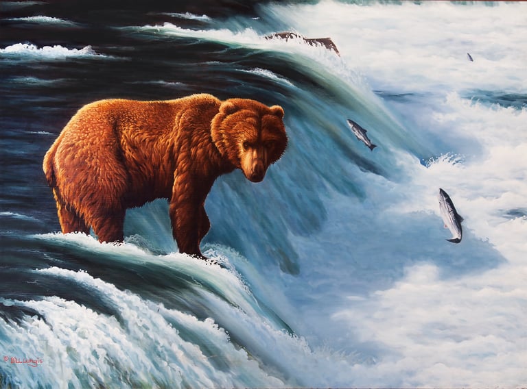 Fine art painting of a brown bear on the river falls catching  salmon in Alaska, by Bill Langis.