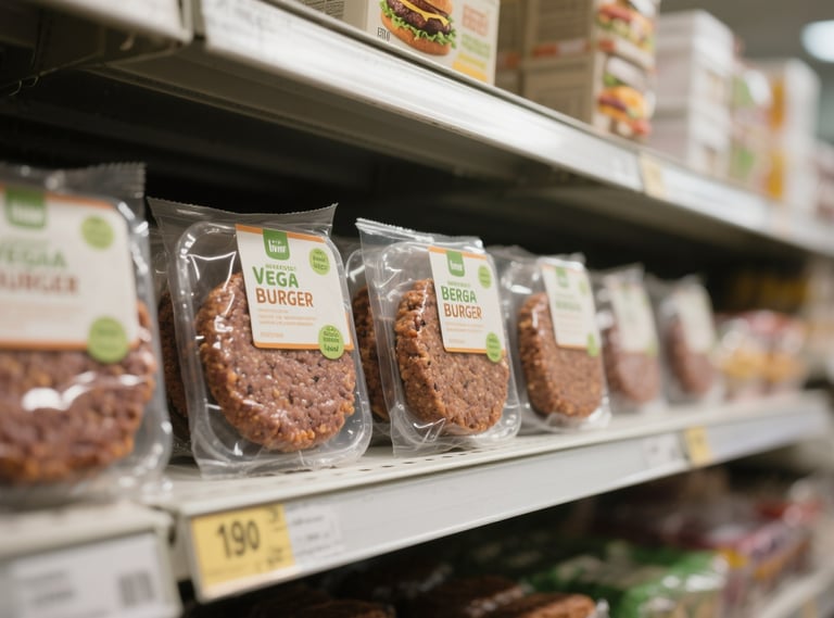 vega burgers in plastic in de supermarkt