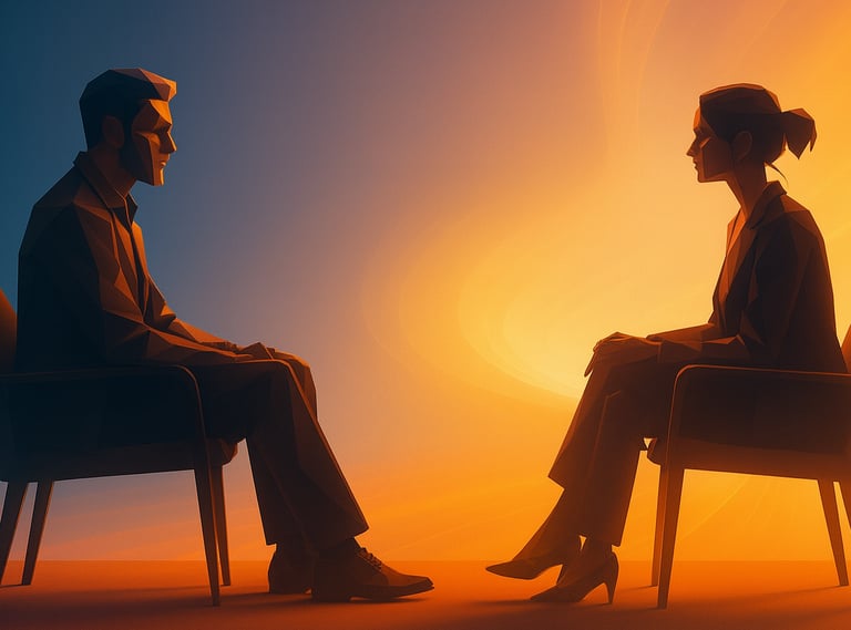 Un homme et une femme assis face à face ambiance couché de soleil