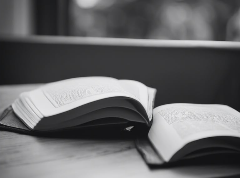 Black and white image of a book on a table