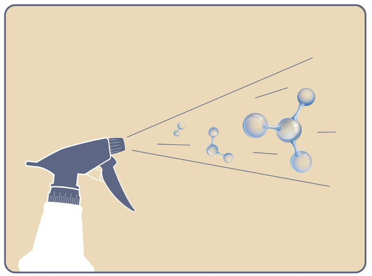  A spray bottle emits a mist of molecules, illustrating a cleaning or disinfecting action.