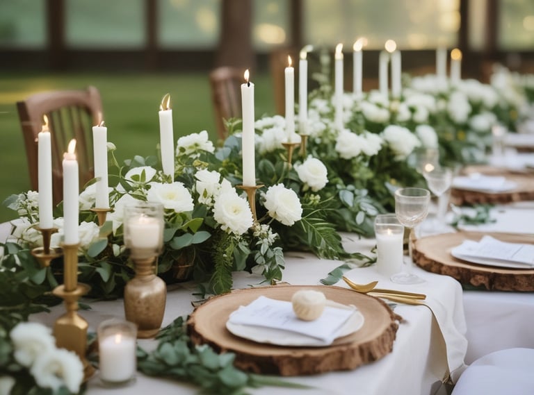A serene outdoor gathering with guests seated on textured blankets surrounded by lush greenery.