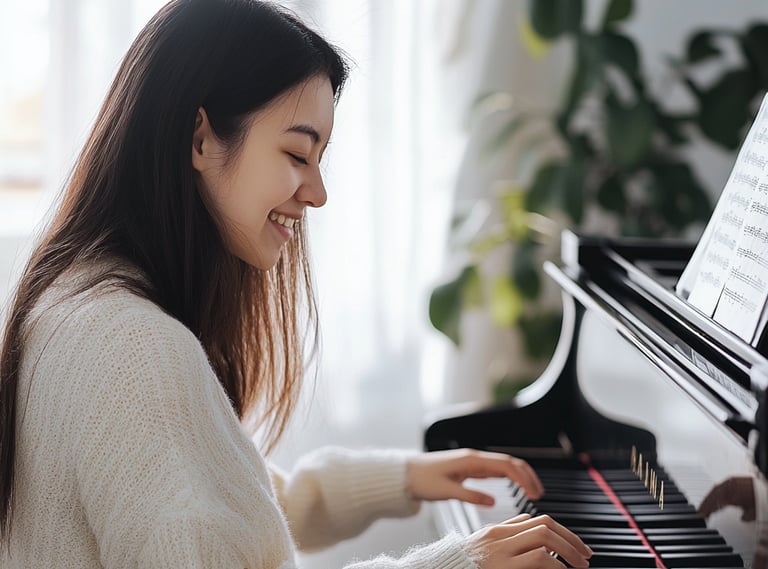 An adult student is finally playing the piano with freedom