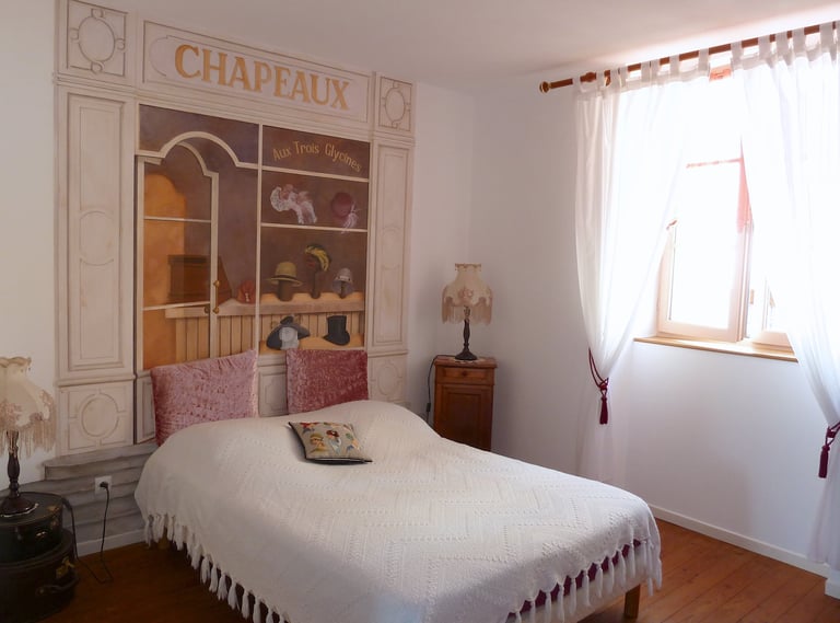 Chambre d'hôtes thème les chapeaux anciens, fresque peinte sur un mur intérieur en tête de lit