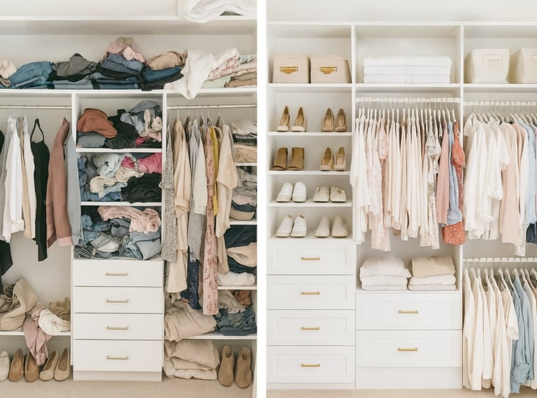 Before and After of a Professional organized Closet by a decluttering experts: Transform Homes & Co