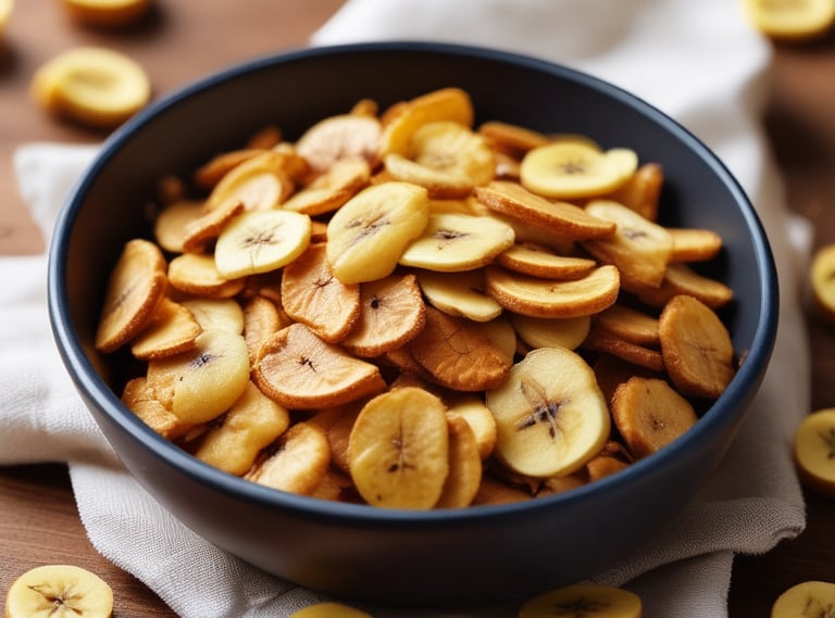 Close-up of crispy banana chips spilling from a rustic bowl, highlighting their golden texture.