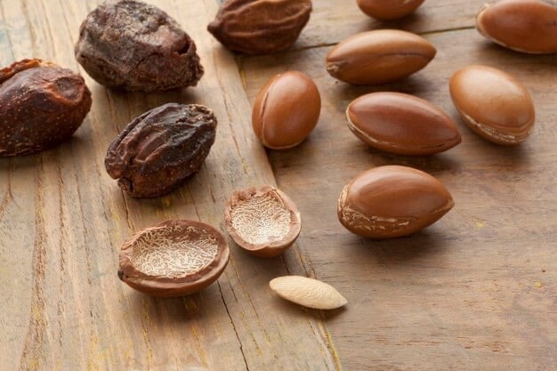 Argan fruit, argan nuts cracked 