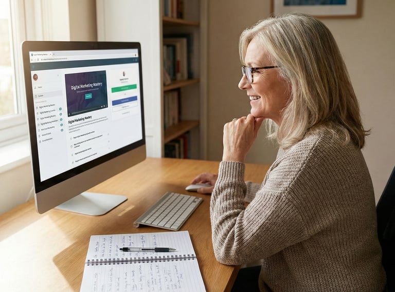 silver-haired woman sitting at her computer with notebook open and pen close by