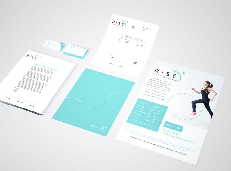 A set of stationary for Rise Physiotherapy Clinic's new branding