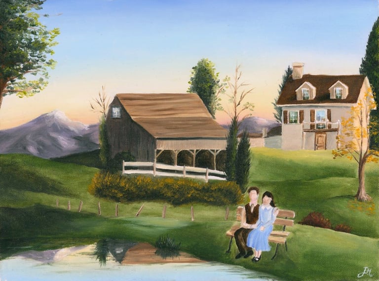 a painting of a romantic couple sitting on a bench in front of a house with a pond