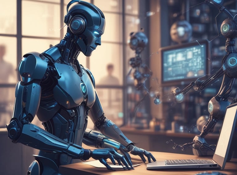 A small, white humanoid robot with blue accents, including eyes, mouth, and a circular badge with the letters 'AI' on its chest, is positioned in front of a blue laptop on a metallic surface. The robot has a simple, smooth design with two cylindrical arms and a small antenna on top.