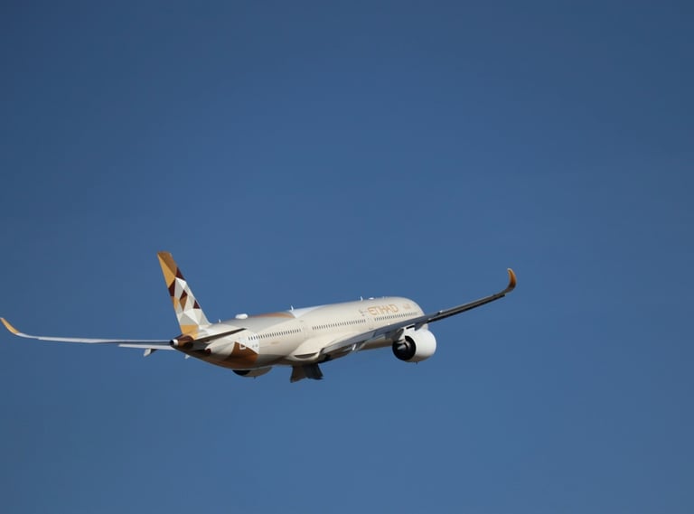 An Etihad Airways passenger aircraft cruising through a clear sky