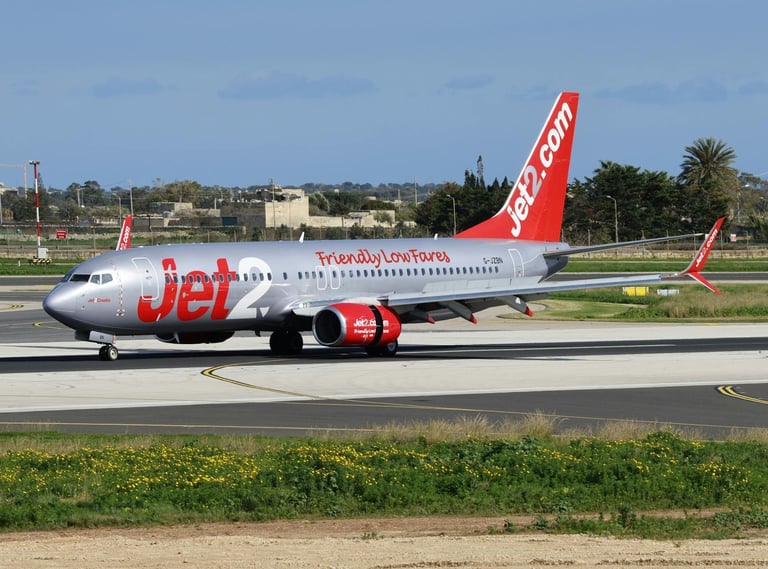 Jet2 plane is taxiing at the airport