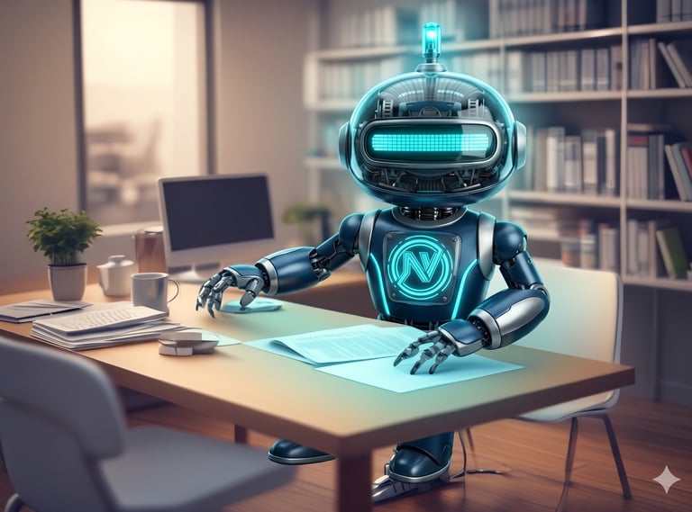A futuristic AI robot assistant working at a desk with documents in a modern office.