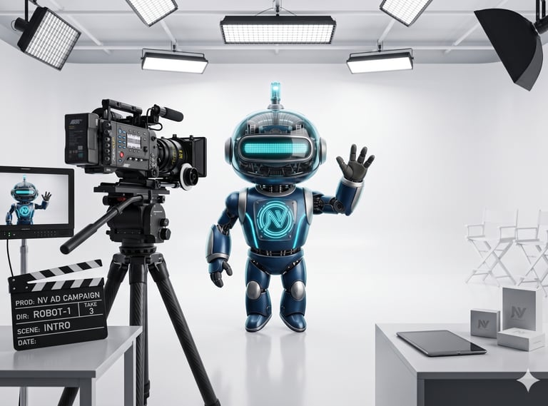 A cute blue robot waves at a professional film camera in a bright white video production studio.