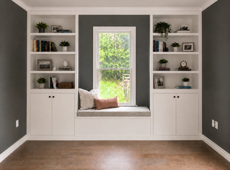 Custom built-in bookcases with window seat and storage cabinets in a Monmouth County NJ home