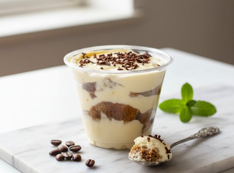Tiramisú artesanal de Cocina con Ely, elaborado con una suave crema a base de queso crema, biscotela