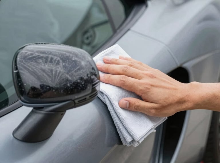 Close-up of a hand applying ceramic coating on a car surface with a sponge.