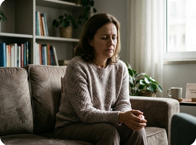 Mulher tensa, olhos fechados — memória somática e sistema nervoso