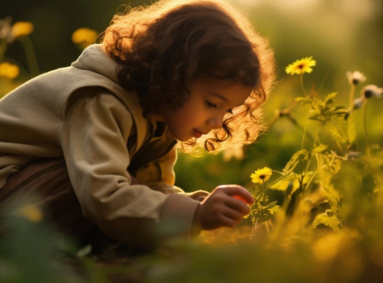 Enfant qui cueille une fleur jaune sous une lumière de soleil couchant, accès à la rubrique Les Apprentis Alchimistes
