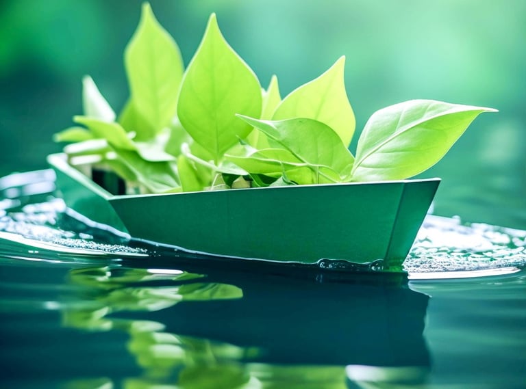petit bateau en papier vert, qui contient des feuilles verte et qui flotte sur l'eau