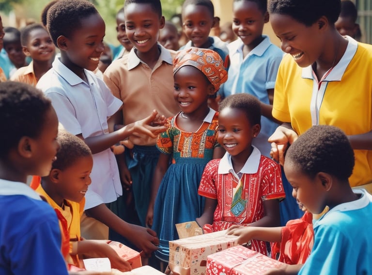 Children sharing a wholesome meal together at a school cafeteria, laughter and friendship evident.