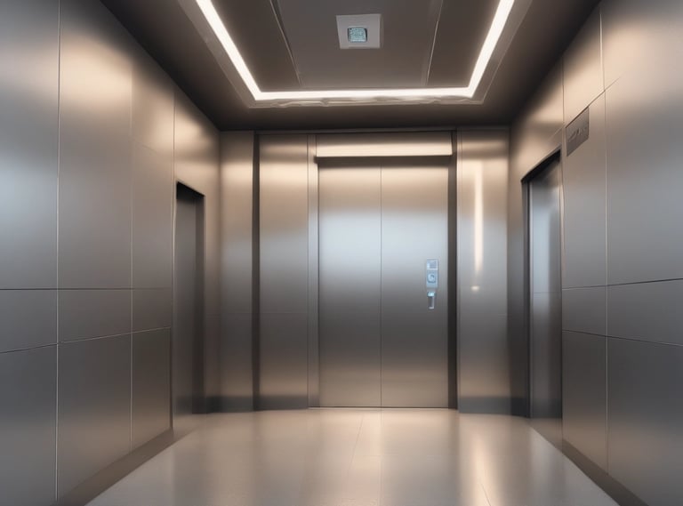 Modern lift cabin interior with polished metal and soft lighting.