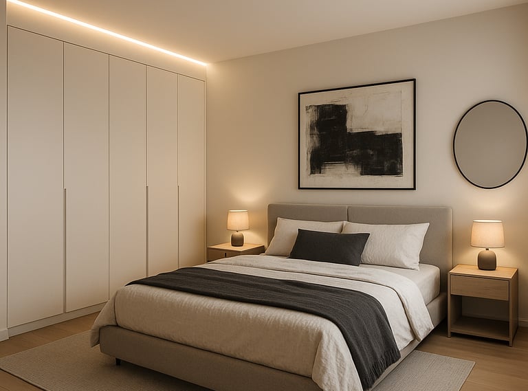 a bedroom with a bed and a mirror