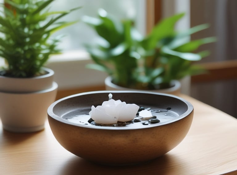 A person is seated in a calm, meditative posture on a mat, with three golden singing bowls placed in front of them. A wind chime made of bamboo is suspended, adding a serene ambiance to the scene. The individual is dressed in black athletic wear.