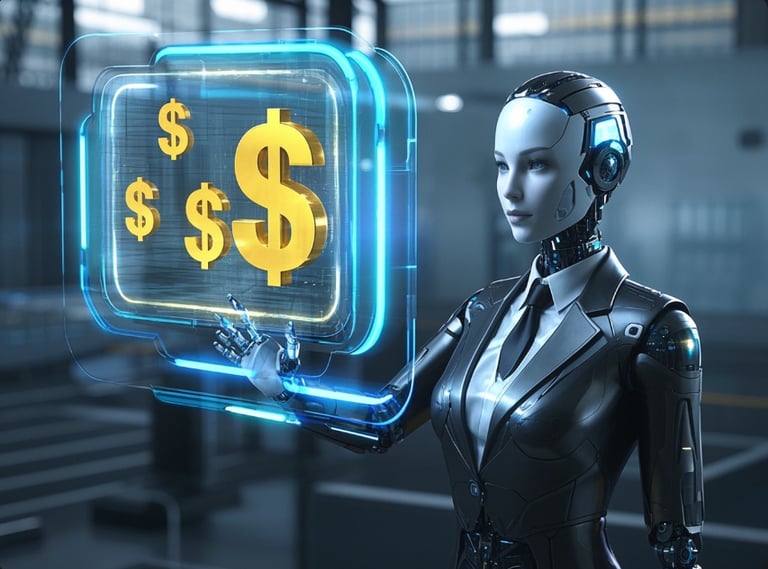 a robot with a dollar sign on a floating hologram
