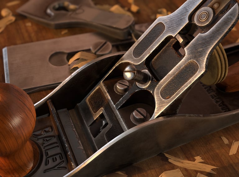 3D rendering of Stanley No. 4 wood planer surrounded by wood chips on a work bench.