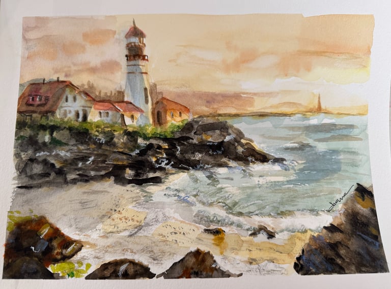 a painting of a lighthouse on a beach