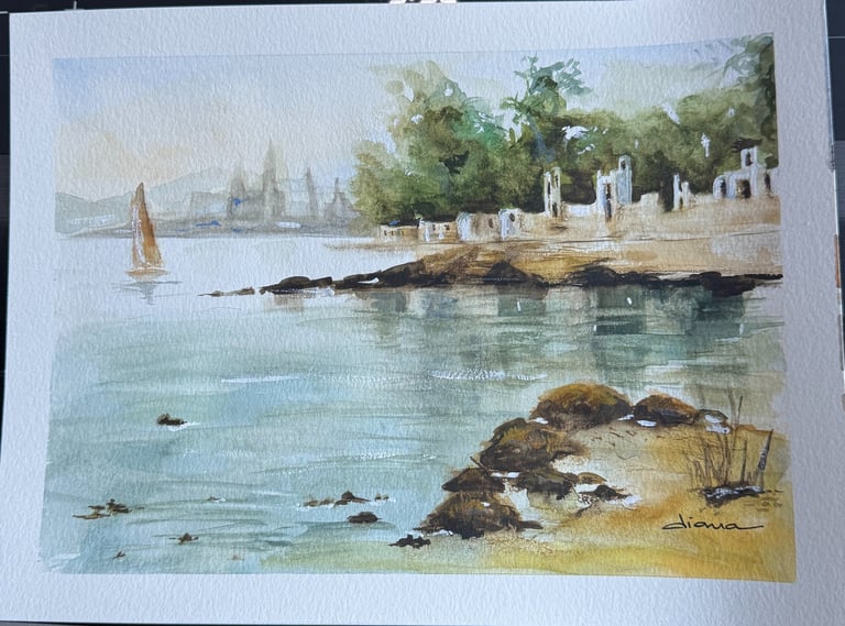 a painting of a sailboat on a beach